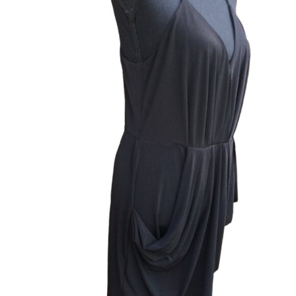 BCBG Party Cocktail Dress Large Black Draped Front Pockets Flirty LBD - Picture 3 of 11